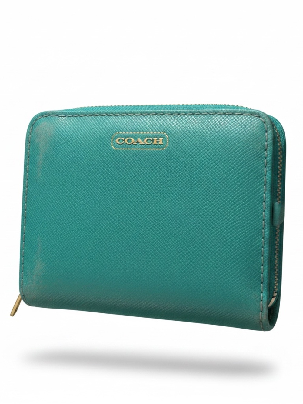 Coach Teal Crossgrain Leather Snap Wallet Compact Bifold ID Holder